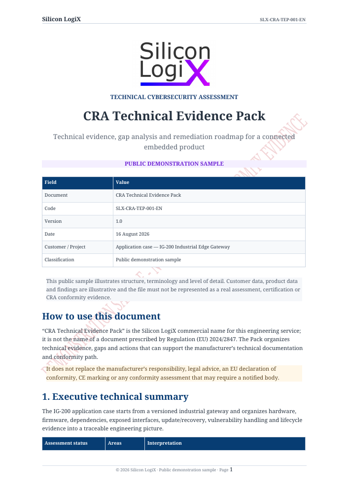 First-page preview of the CRA Technical Evidence Pack for the IG-200 industrial gateway