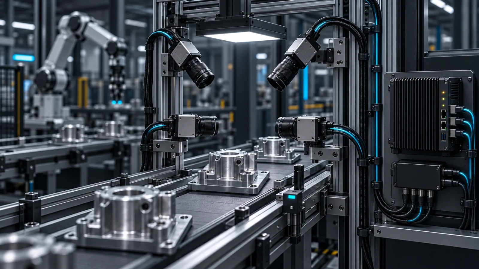 Four industrial cameras and an edge system connected to an assembly line