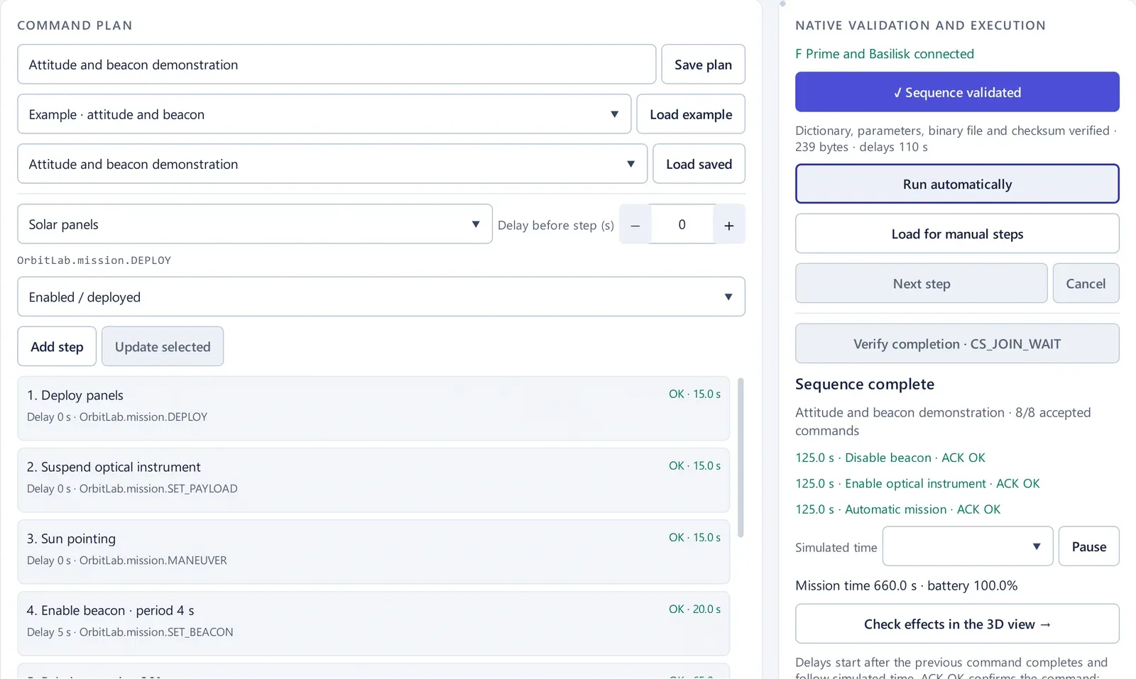 Actual F Prime sequence editor: operational plan, checksum-validated binary file and eight commands accepted by the native sequencer