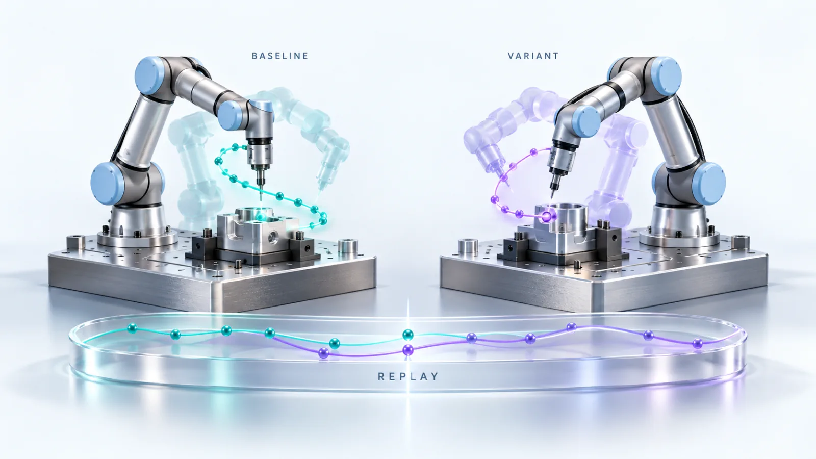 Illustrazione del confronto tra baseline e variante di una cella robotica, con traiettorie e riferimento temporale comune per il replay