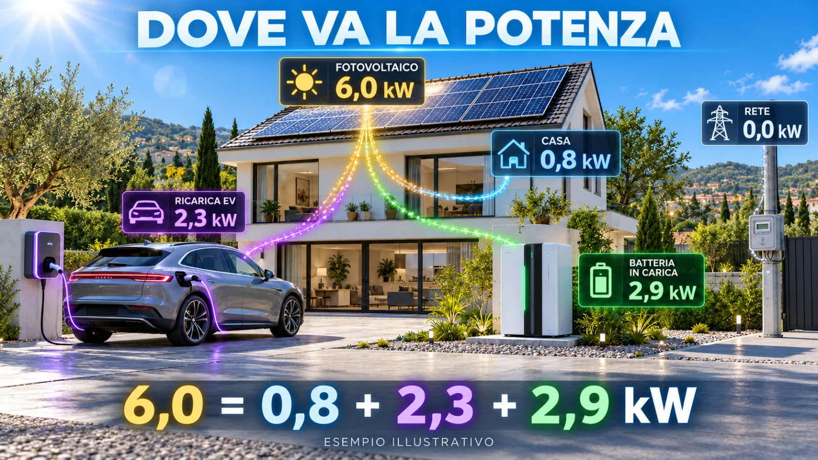 Esempio illustrativo: 6 kW fotovoltaici alimentano casa da 0,8 kW, auto da 2,3 kW e accumulo in carica a 2,9 kW