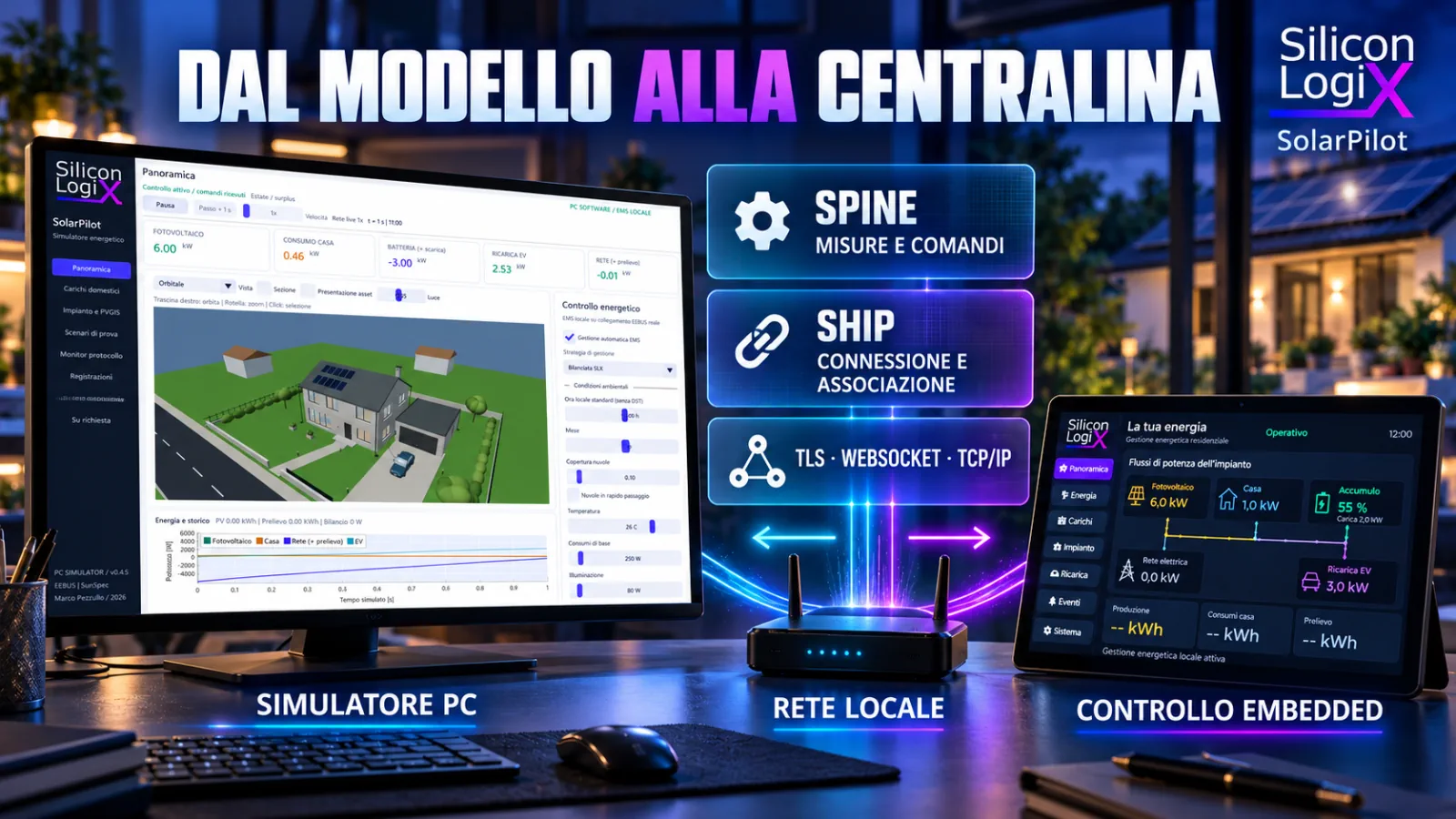 Visualizzazione illustrativa del collegamento EEBUS tra simulatore Windows e centralina touch LVGL sulla rete locale