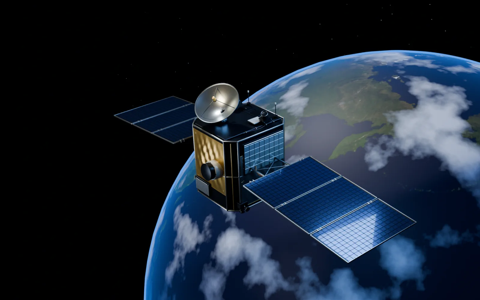 Satellite con pannelli solari articolati, antenna ad alto guadagno e strumentazione ottica