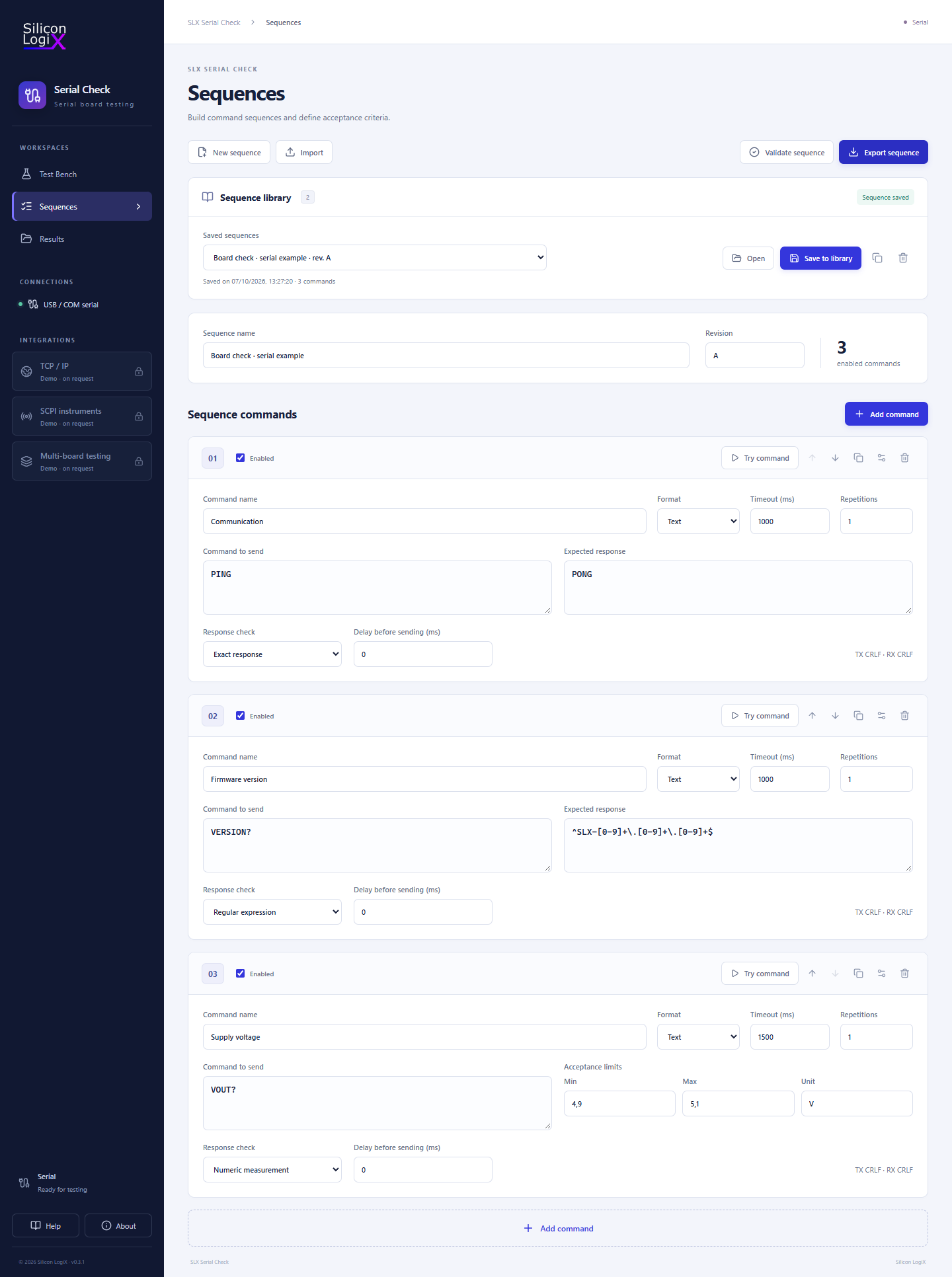SLX Serial Check sequence editor with commands, expected responses, timeouts and repetitions