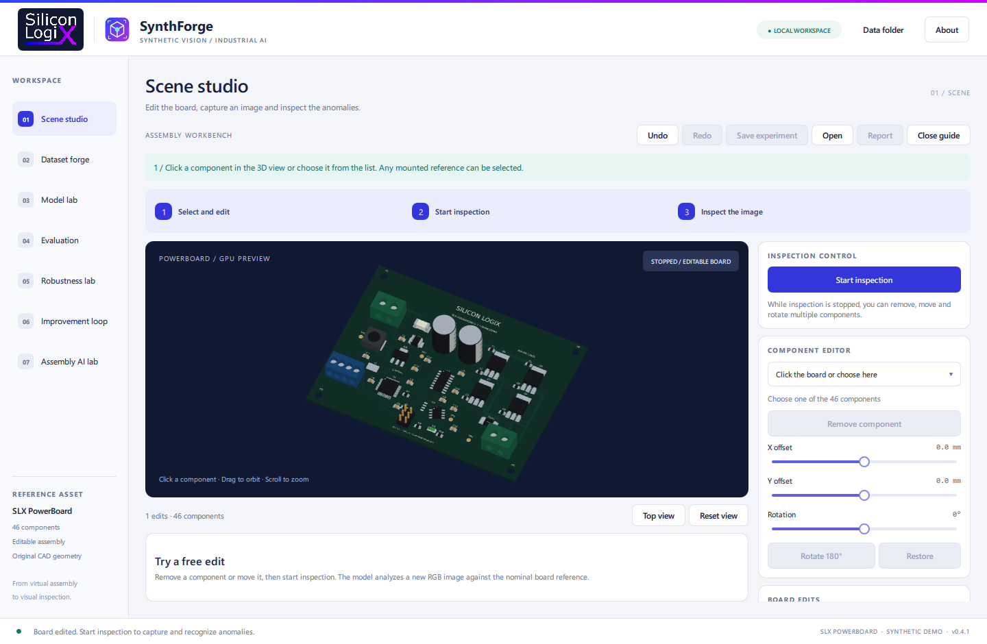 SLX SynthForge: ambiente di ispezione con scheda elettronica modificabile in 3D.